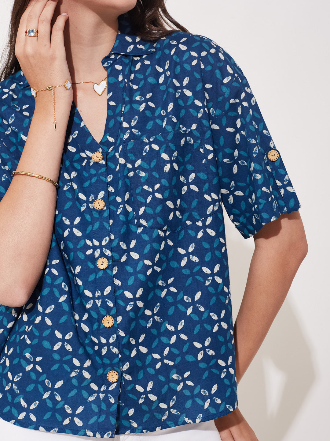 Women’s Indigo Cotton Half Sleeve Printed Shirt