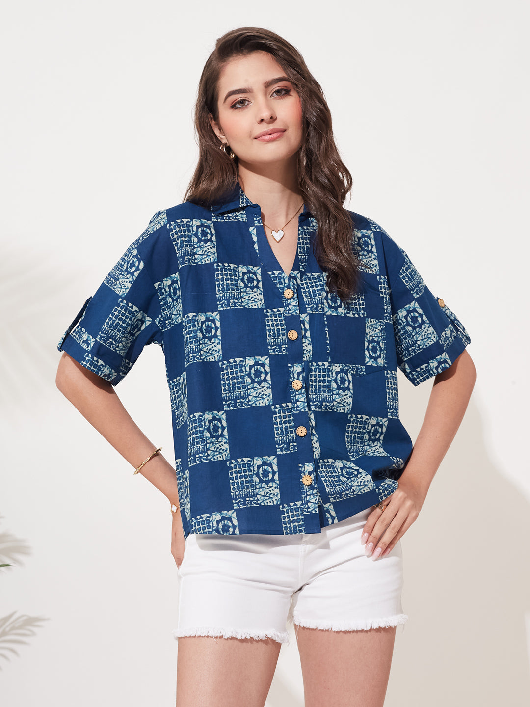 Indigo Cotton Casual Printed Shirt for Women
