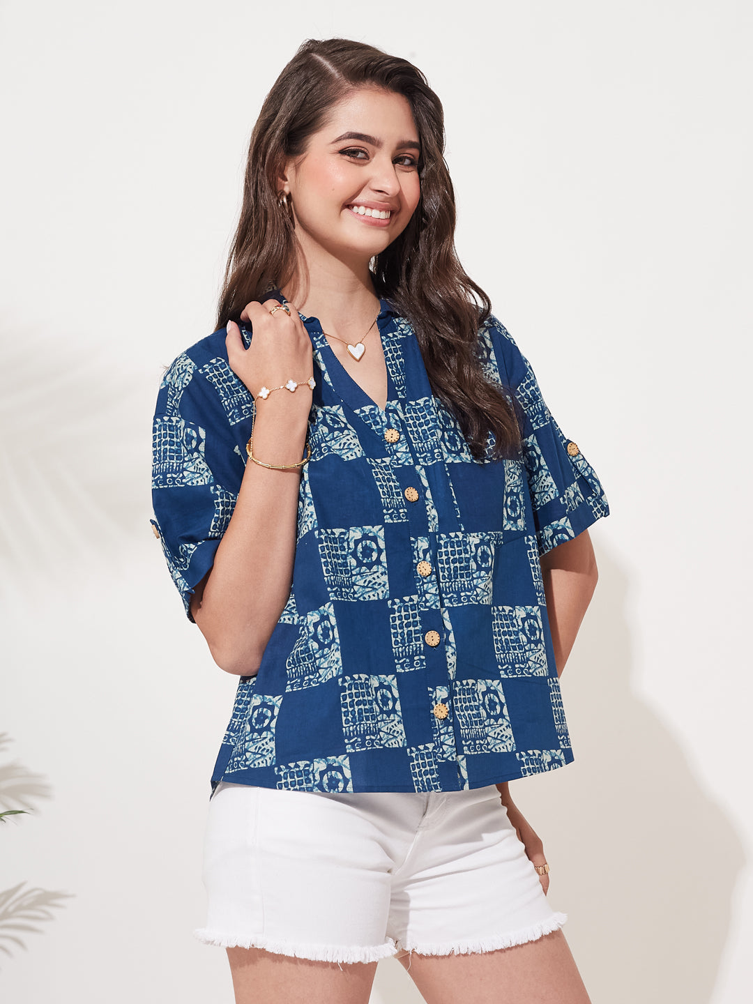 Indigo Cotton Casual Printed Shirt for Women