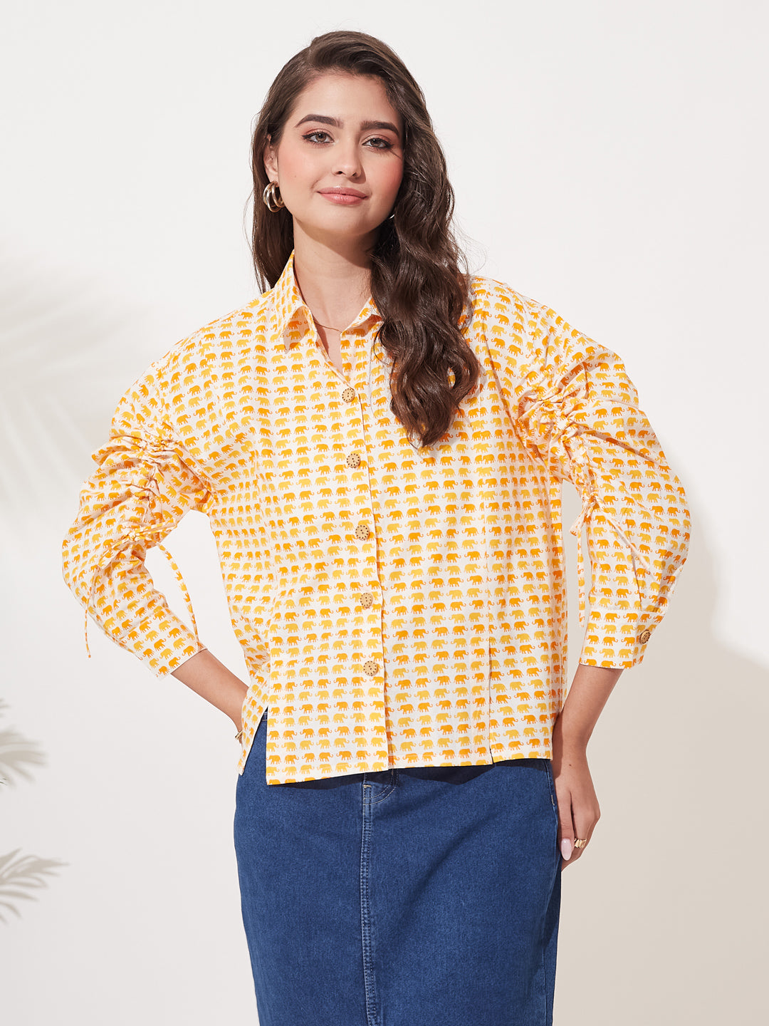 Women’s Yellow Print Casual Shirt with Ruched Sleeves