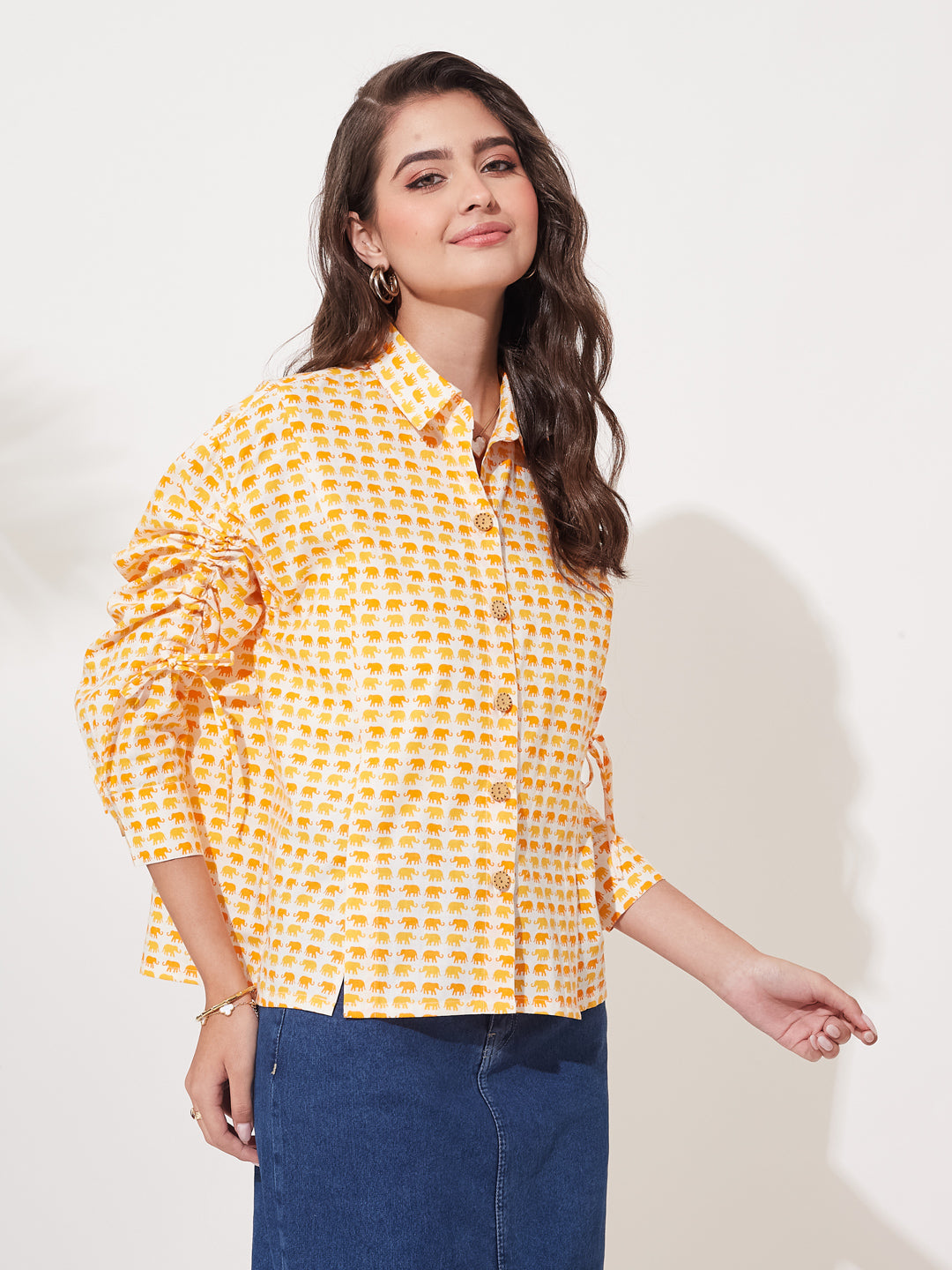 Women’s Yellow Print Casual Shirt with Ruched Sleeves
