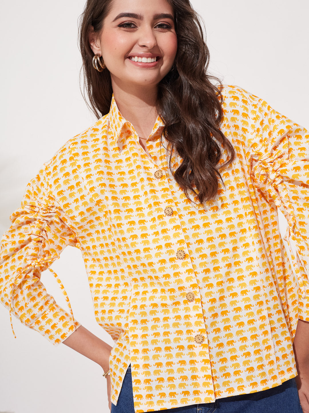 Women’s Yellow Print Casual Shirt with Ruched Sleeves