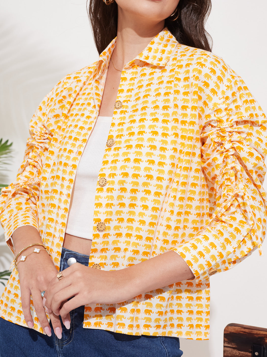 Women’s Yellow Print Casual Shirt with Ruched Sleeves