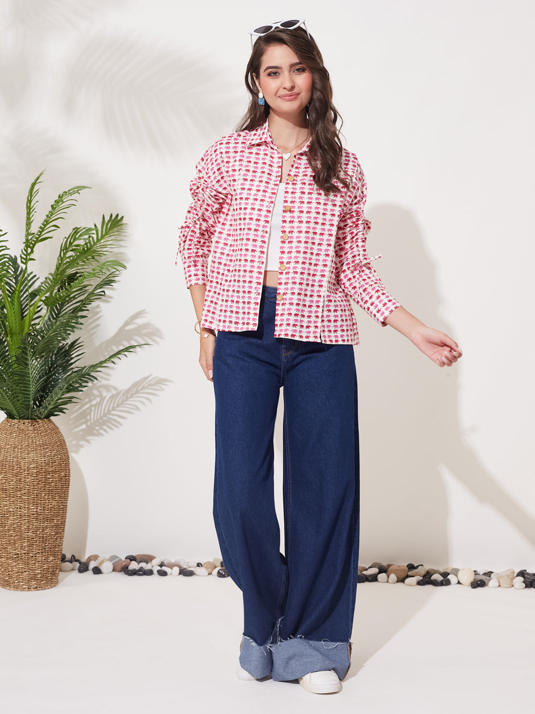 Pink Printed Button-Down Shirt with Gathered Sleeves
