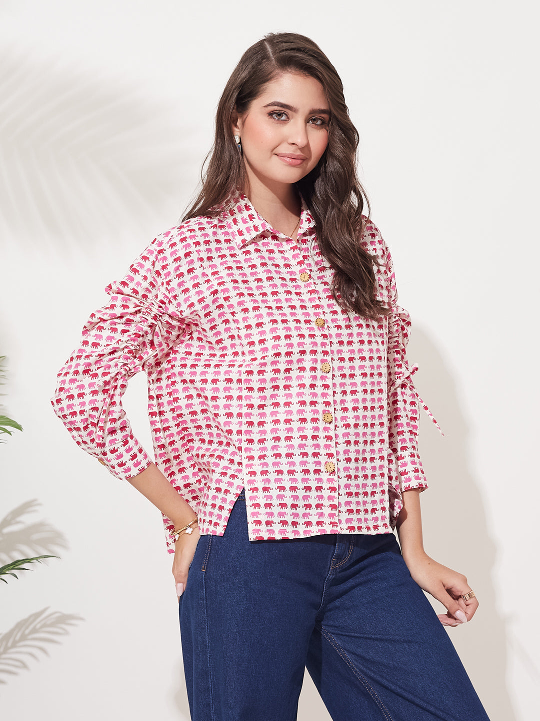 Pink Printed Button-Down Shirt with Gathered Sleeves