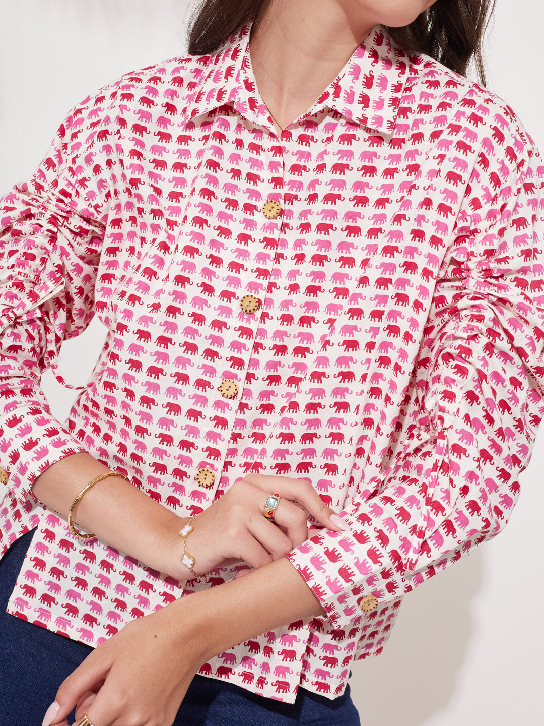 Pink Printed Button-Down Shirt with Gathered Sleeves