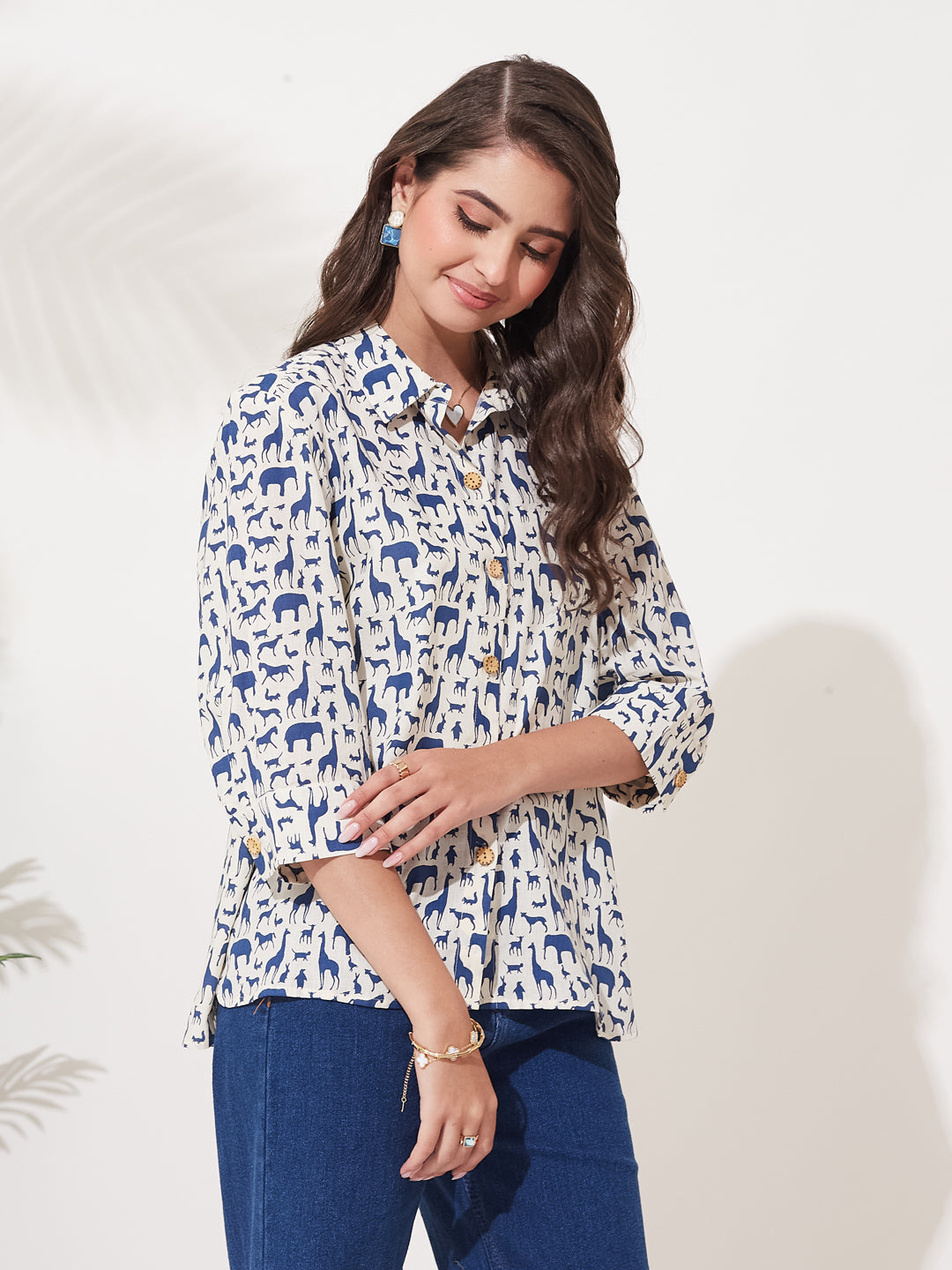 Royal Blue Cotton Print Casual Shirt for Women