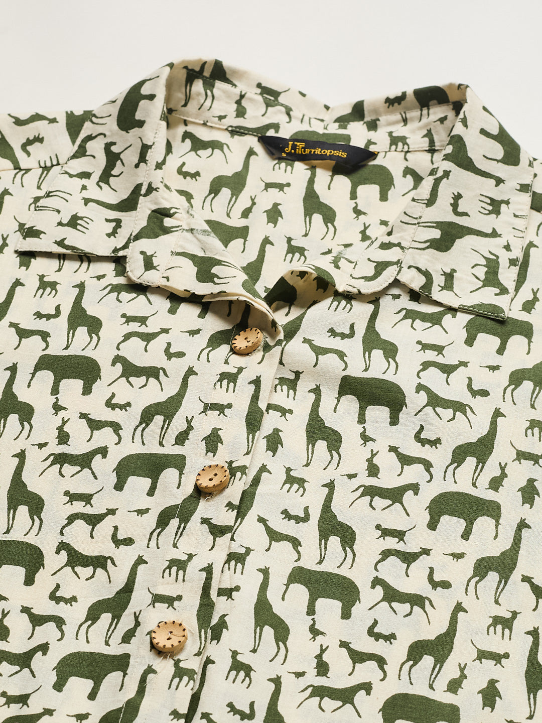 Women Olive Cotton Animal Print Casual Shirt