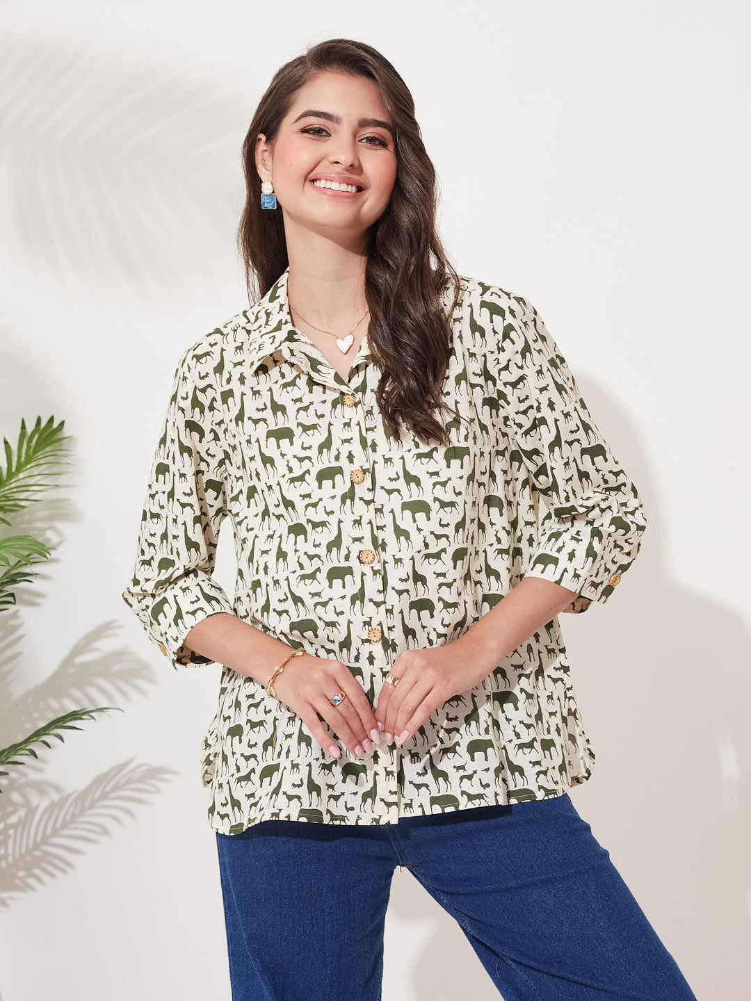 Women Olive Cotton Animal Print Casual Shirt