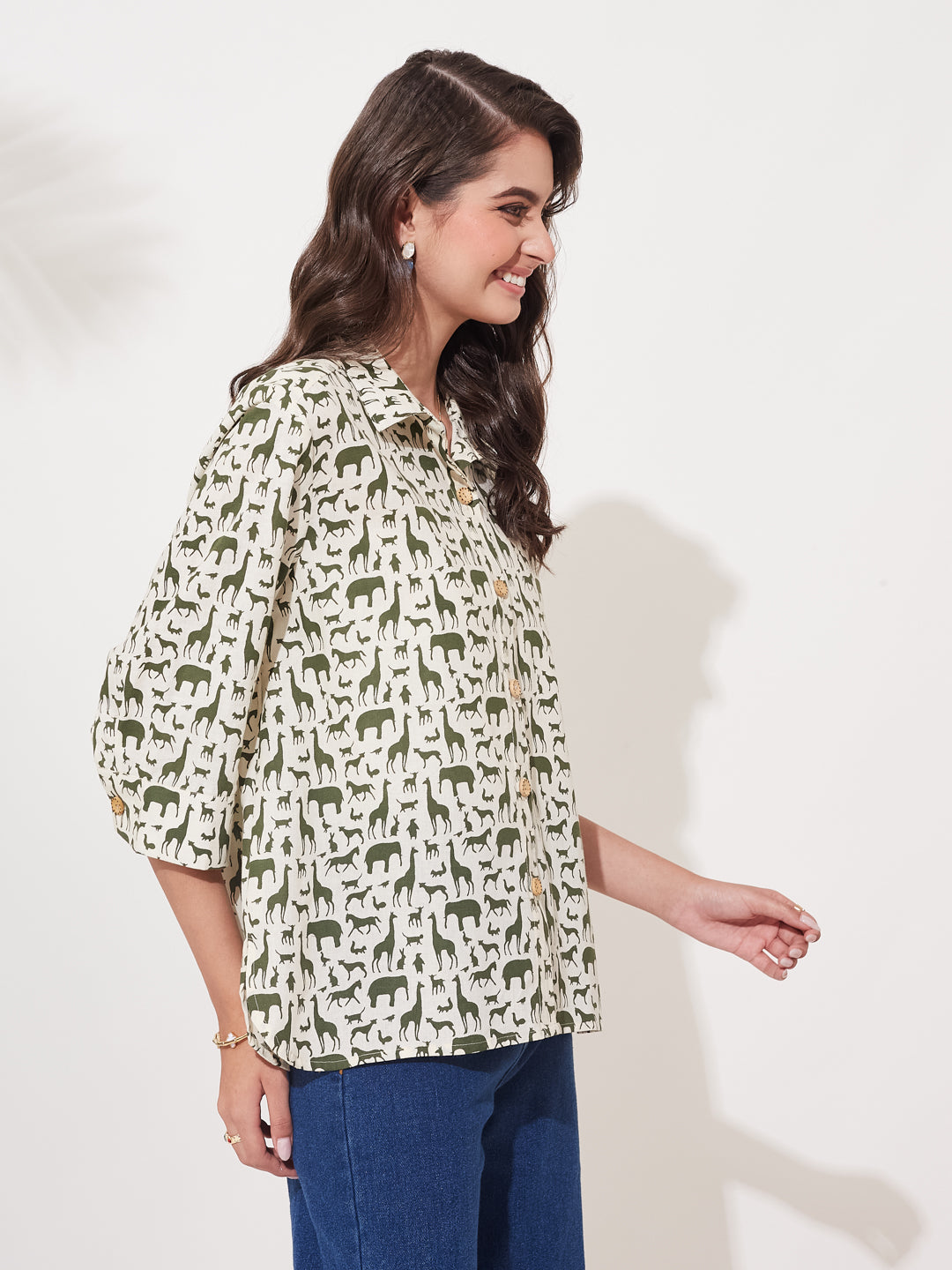 Women Olive Cotton Animal Print Casual Shirt