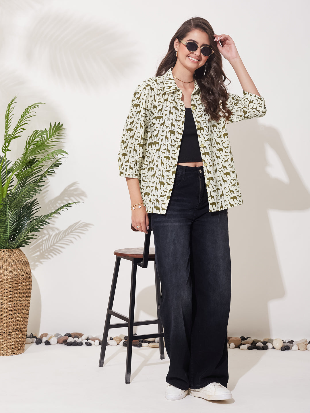 Women’s Coffee Cotton Animal Print Casual Button Shirt