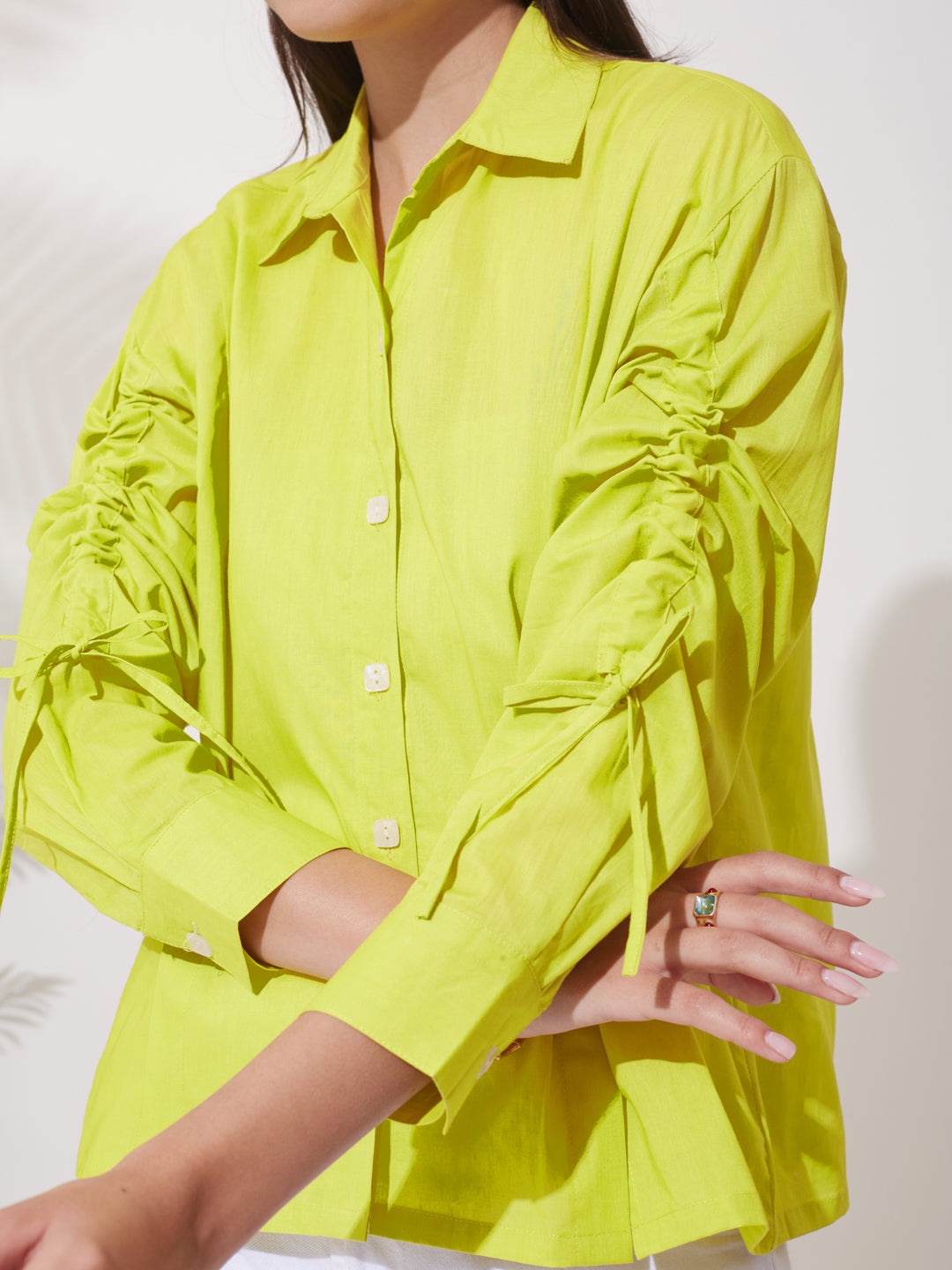 Women’s Neon Cotton Button-Down Shirt with Stylish Ruched Sleeves
