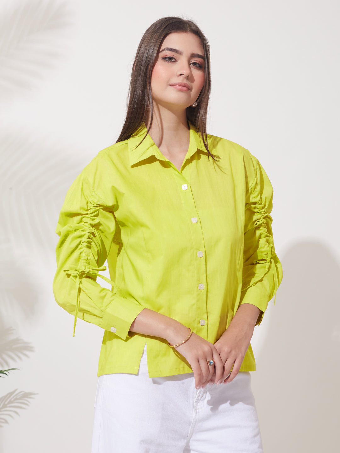 Women’s Neon Cotton Button-Down Shirt with Stylish Ruched Sleeves