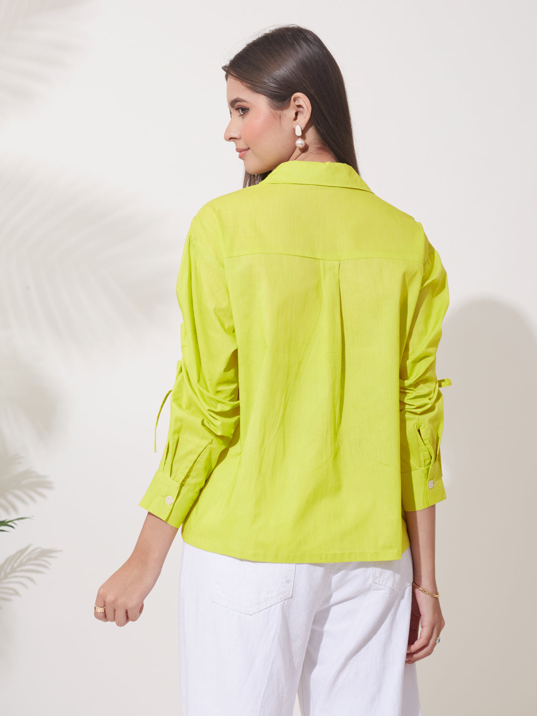 Women’s Neon Cotton Button-Down Shirt with Stylish Ruched Sleeves