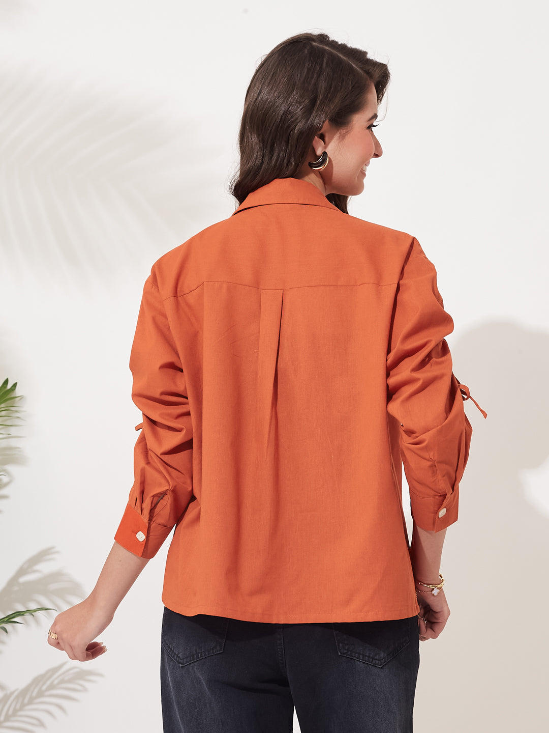 Orange Cotton Casual Shirt with Gathered Sleeve Detail For Women