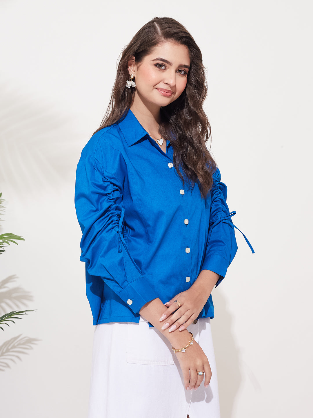 Solid Royal Blue Shirt with Ruched Sleeve Design For Women