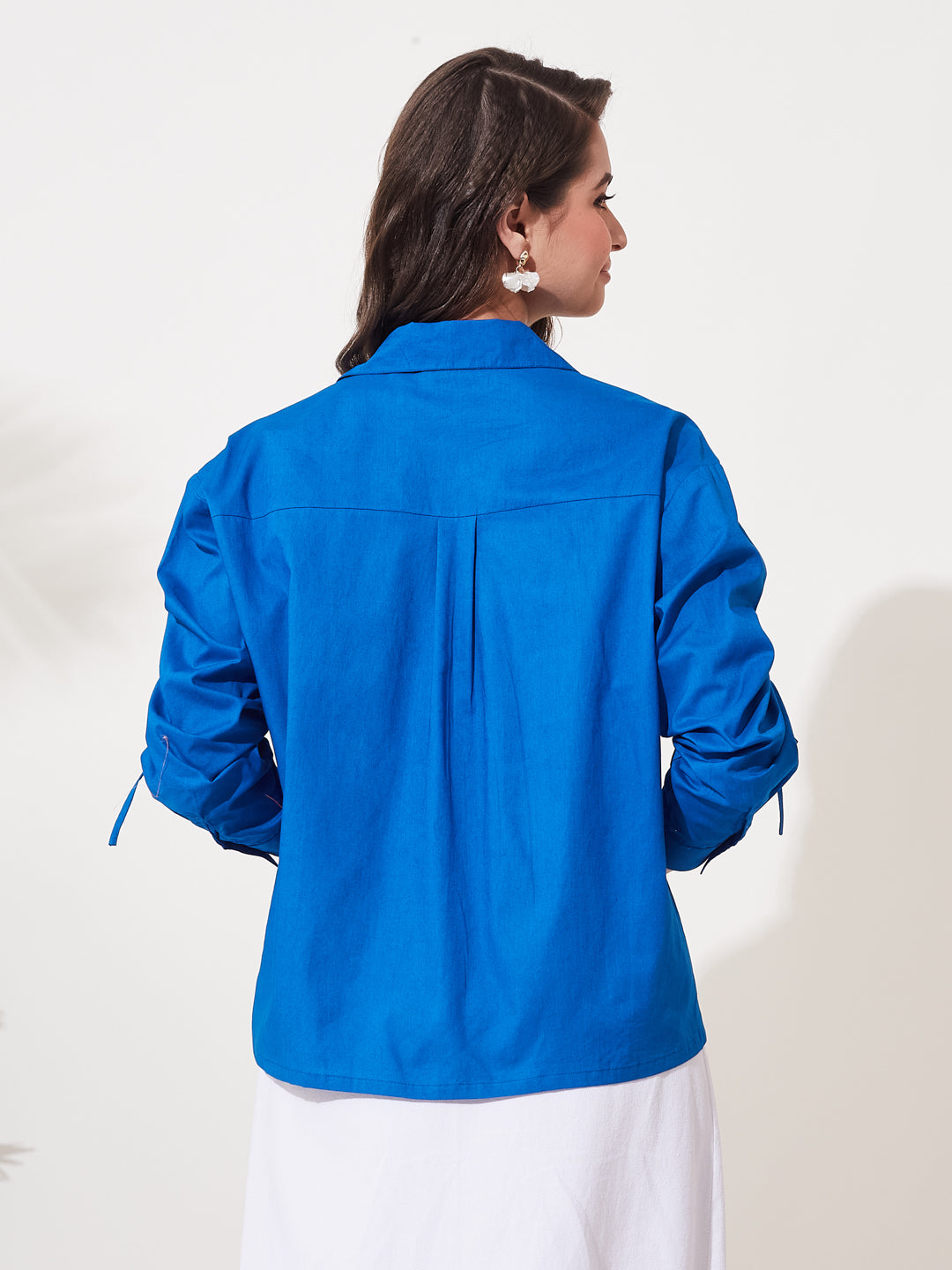 Solid Royal Blue Shirt with Ruched Sleeve Design For Women