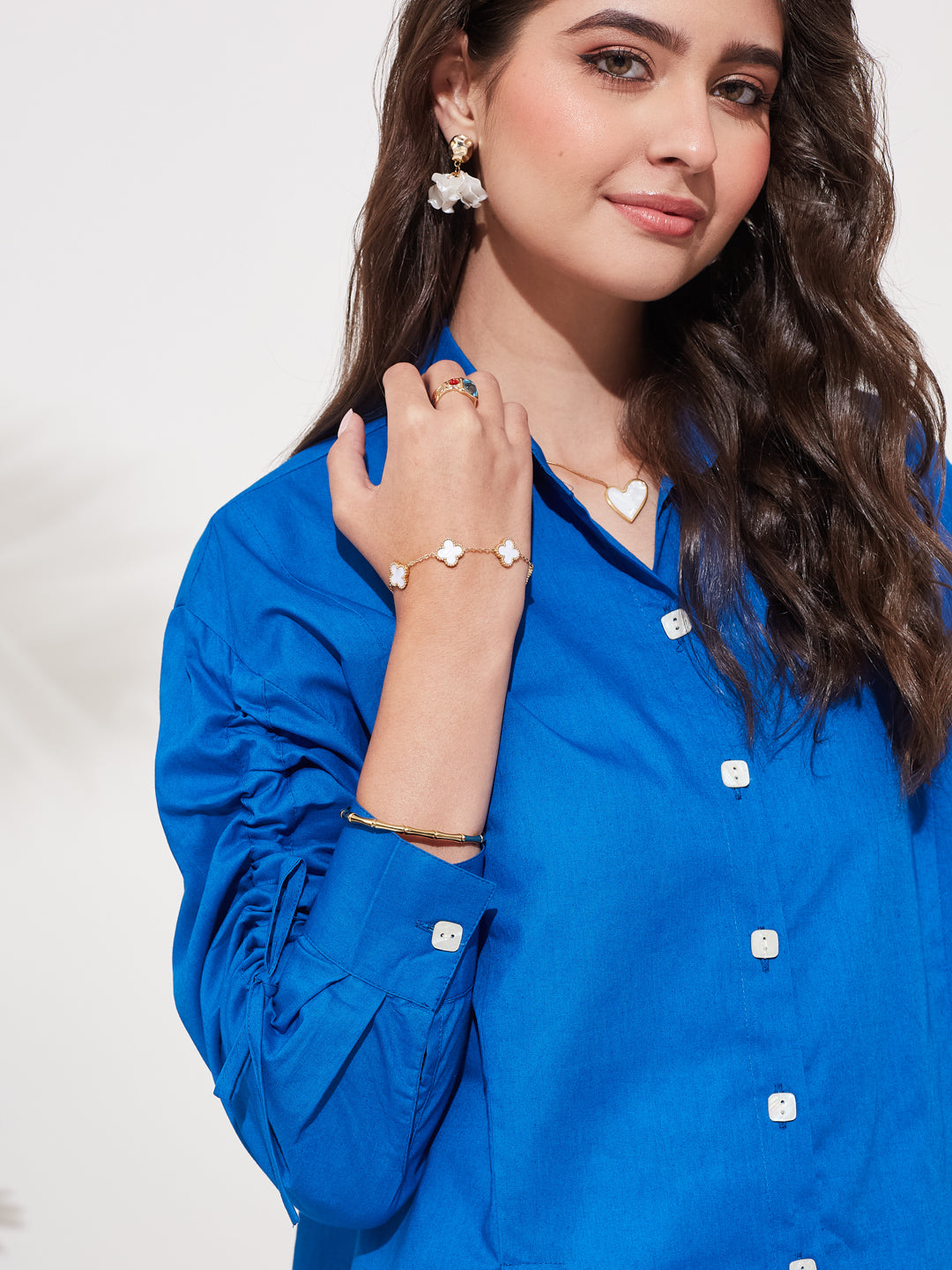 Solid Royal Blue Shirt with Ruched Sleeve Design For Women