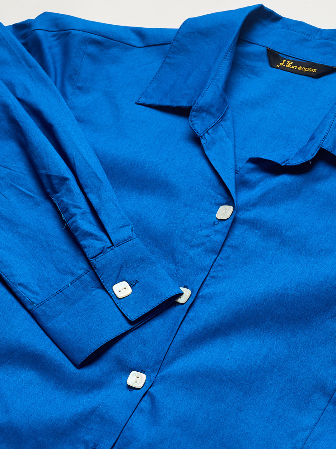 Solid Royal Blue Shirt with Ruched Sleeve Design For Women