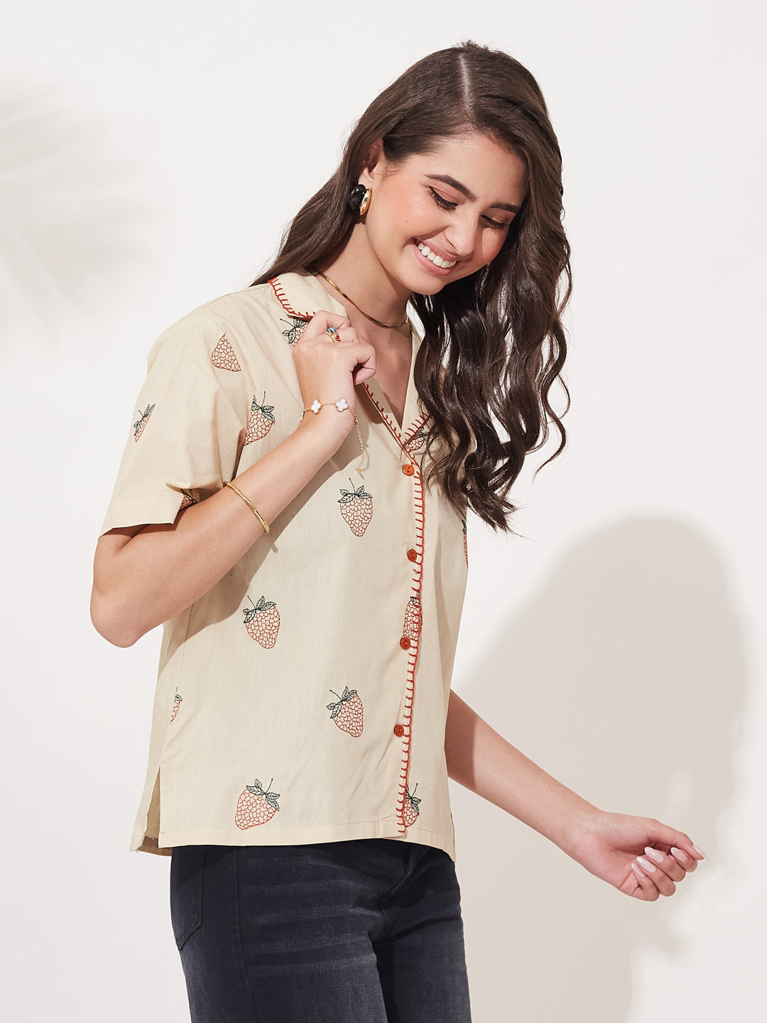 Women’s Cream Cotton Strawberry Print Casual Shirt
