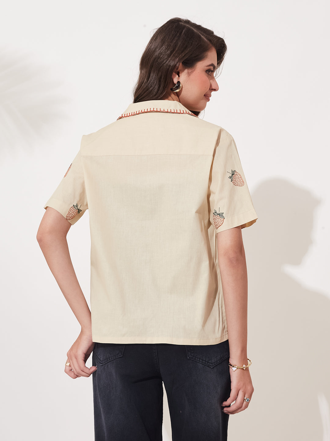 Women’s Cream Cotton Strawberry Print Casual Shirt