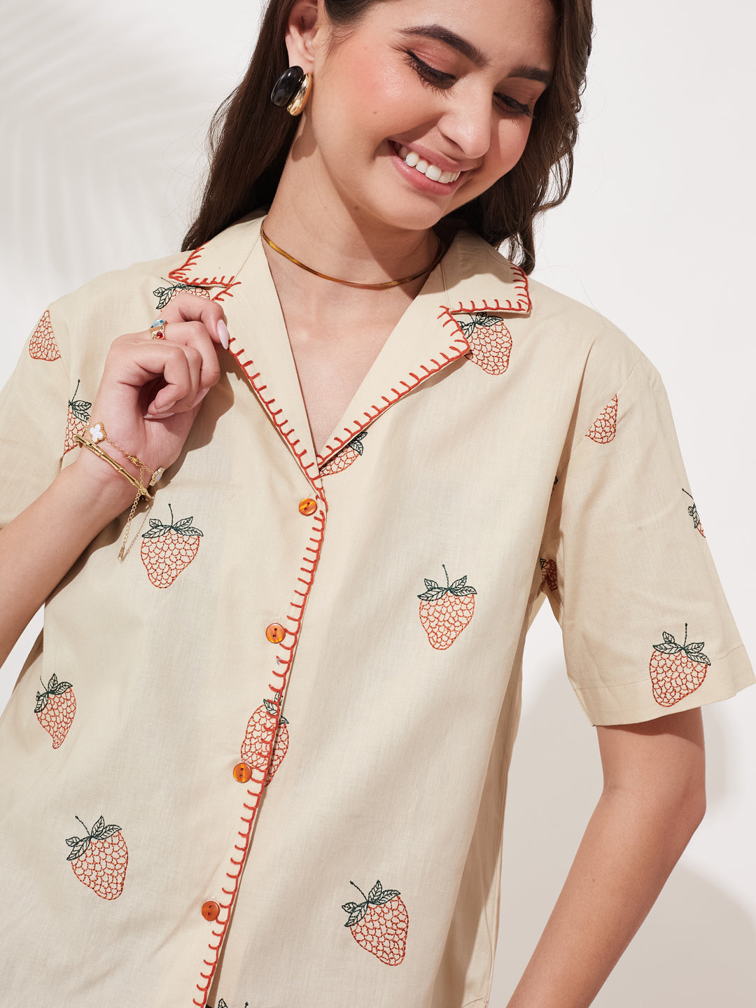 Women’s Cream Cotton Strawberry Print Casual Shirt