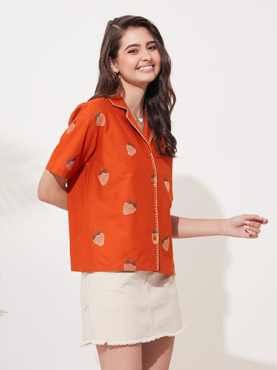 Orange Cotton Strawberry Printed Cotton Shirt for Women