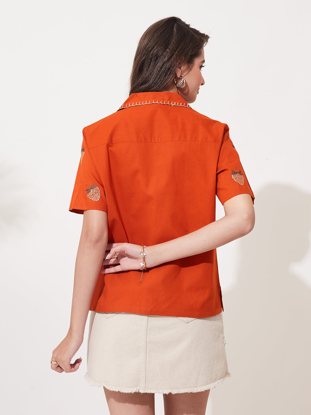 Orange Cotton Strawberry Printed Cotton Shirt for Women