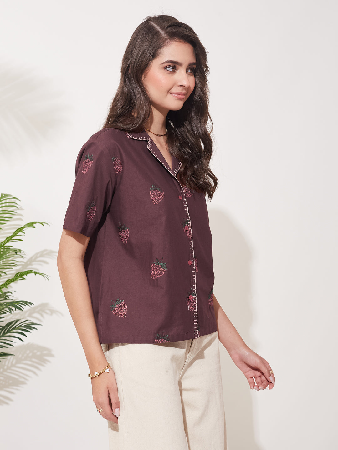Coffee Cotton Printed Summer Shirt with Short Sleeves For Women