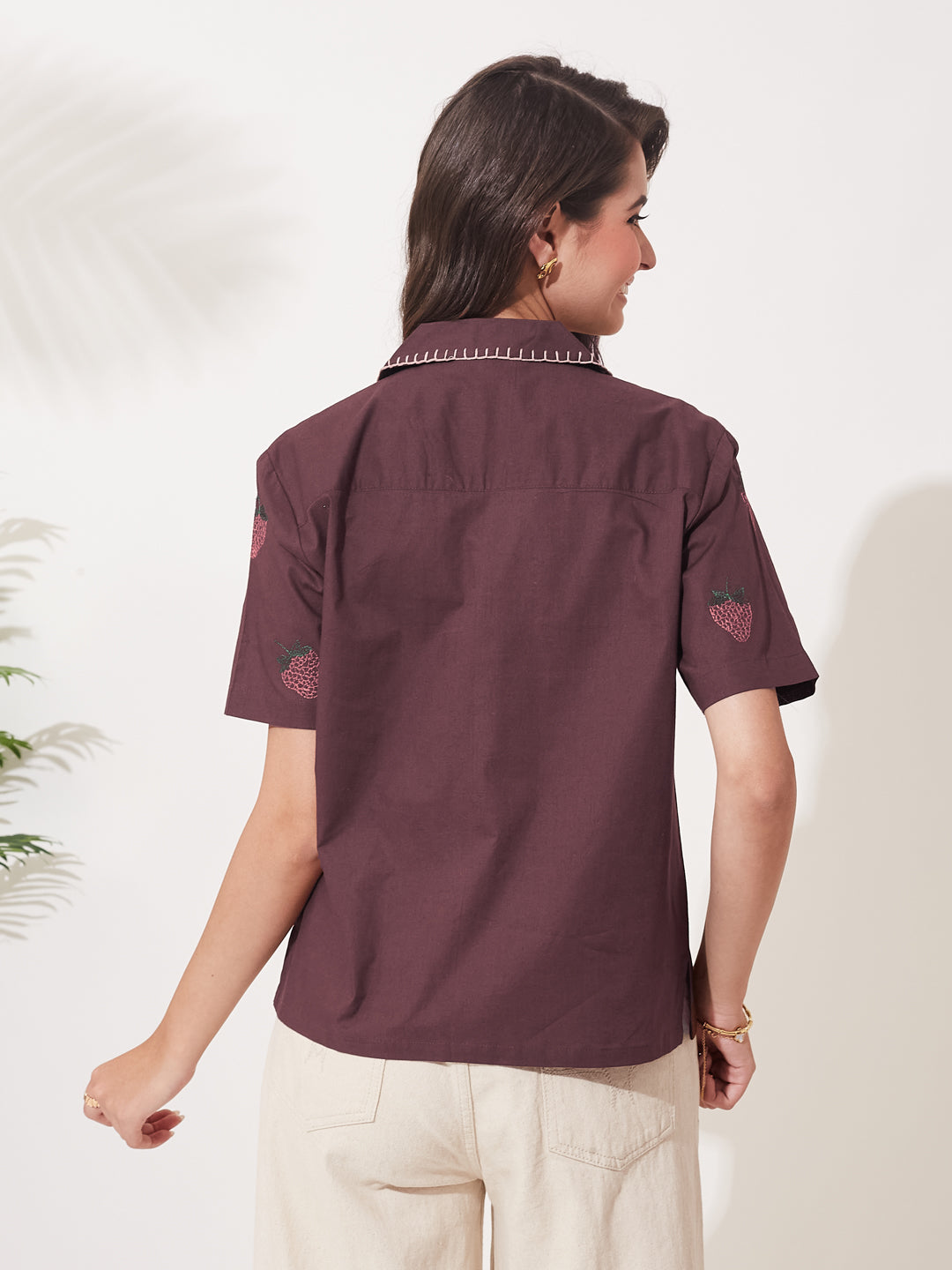 Coffee Cotton Printed Summer Shirt with Short Sleeves For Women
