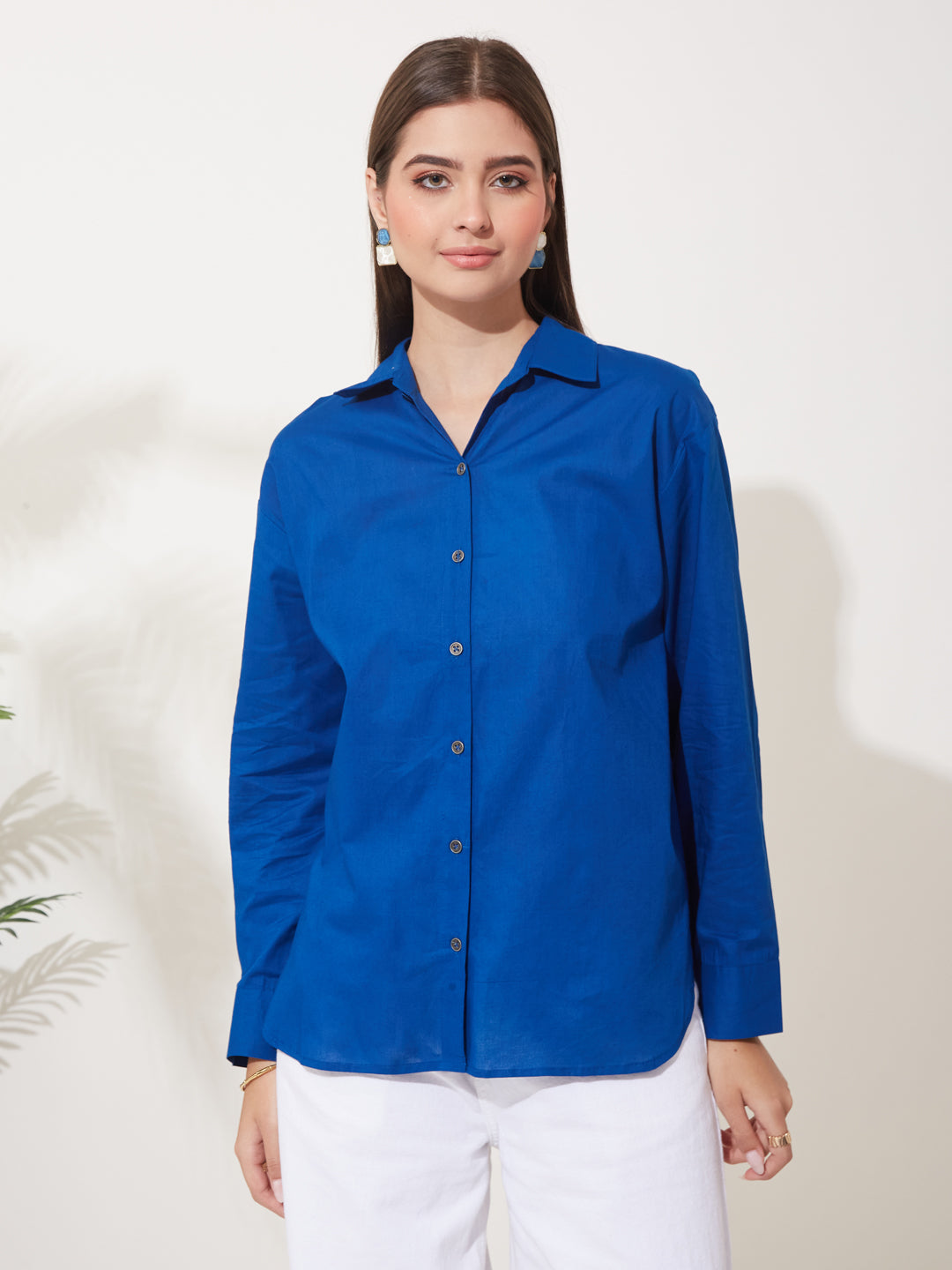 Royal Blue Cotton Relaxed Fit Casual Shirt for Women