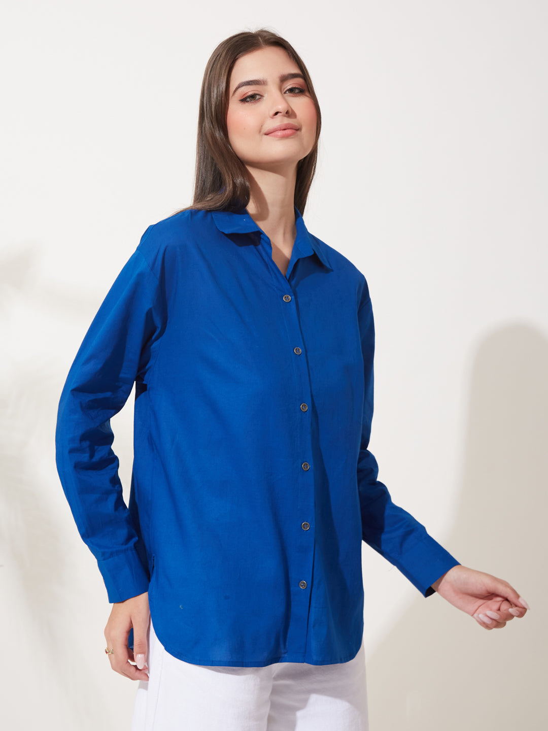 Royal Blue Cotton Relaxed Fit Casual Shirt for Women