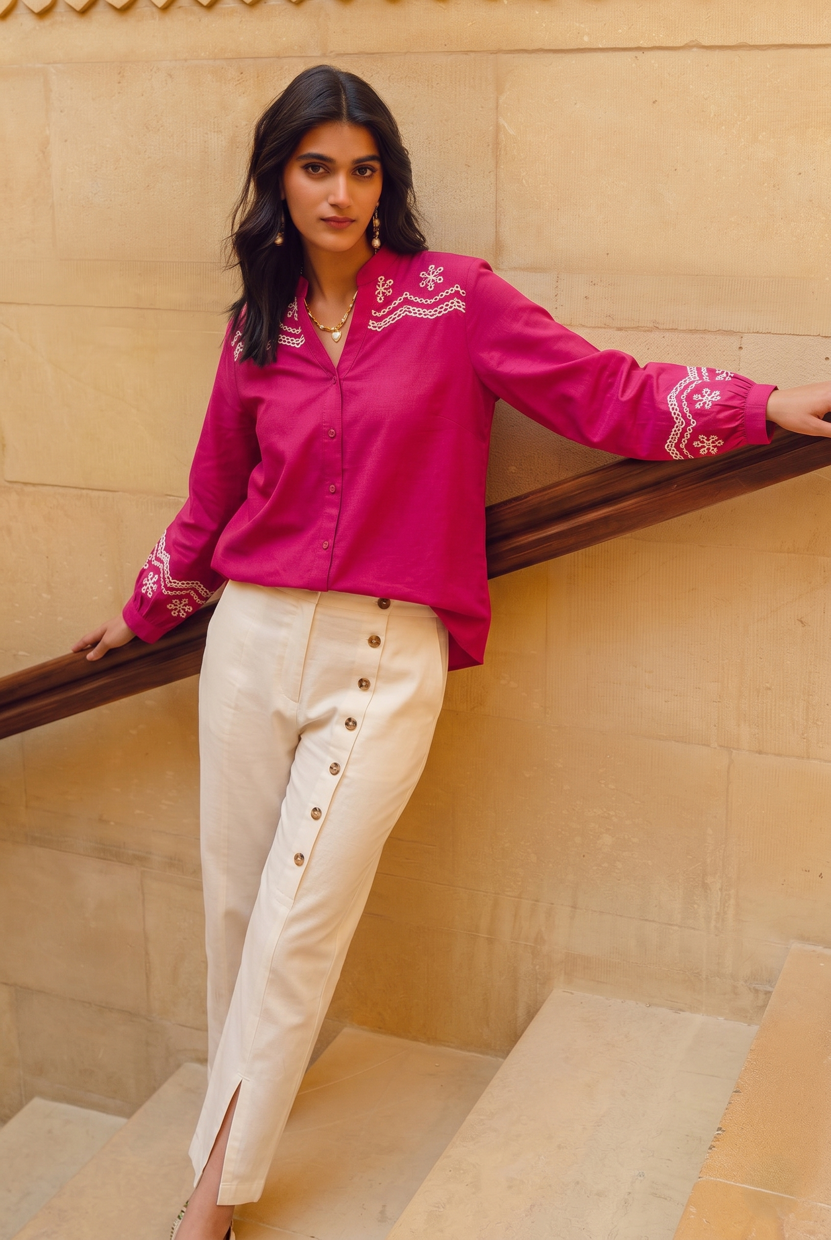 Pink Cotton Embroidered Casual Chic Shirt For Women