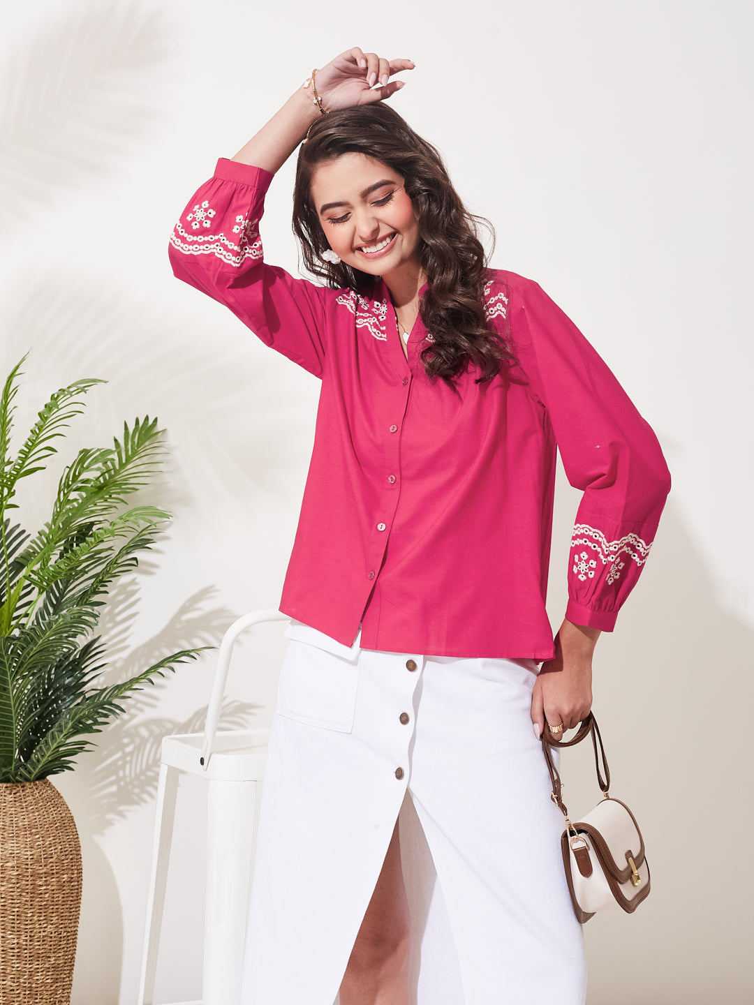 Pink Cotton Embroidered Casual Chic Shirt For Women