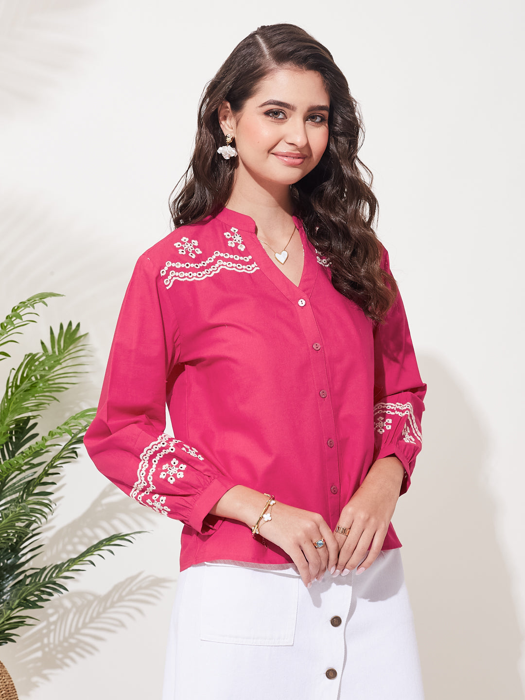 Pink Cotton Embroidered Casual Chic Shirt For Women