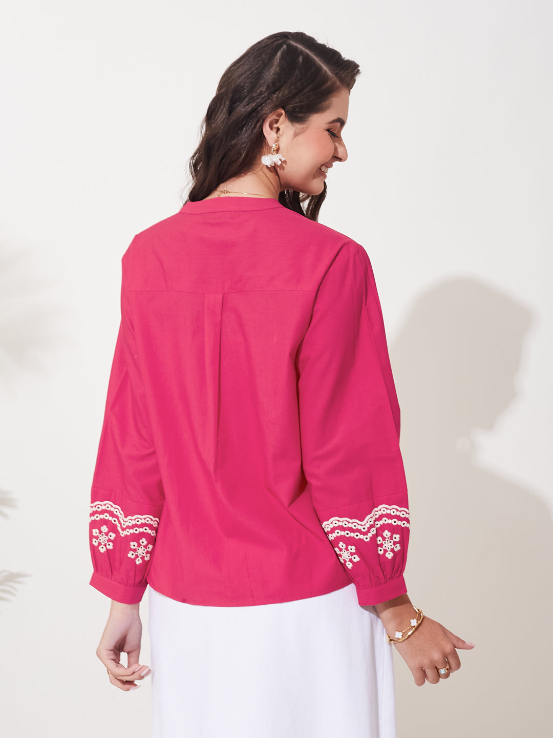 Pink Cotton Embroidered Casual Chic Shirt For Women