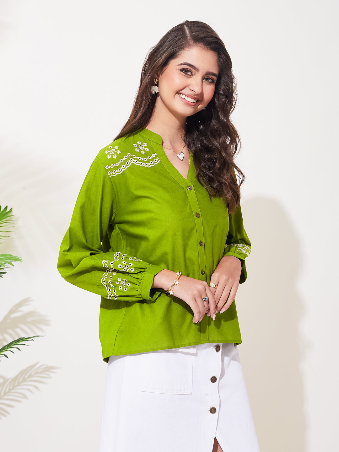 Green Cotton Floral Embroidered Statement Shirt For Women