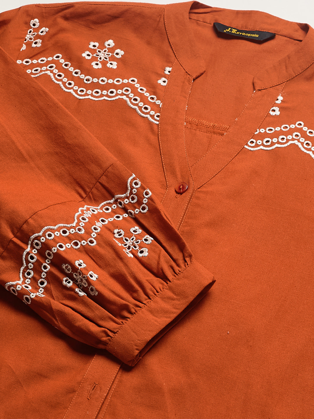 Trendy Orange Cotton Embroidered Everyday Fashion Shirt For Women