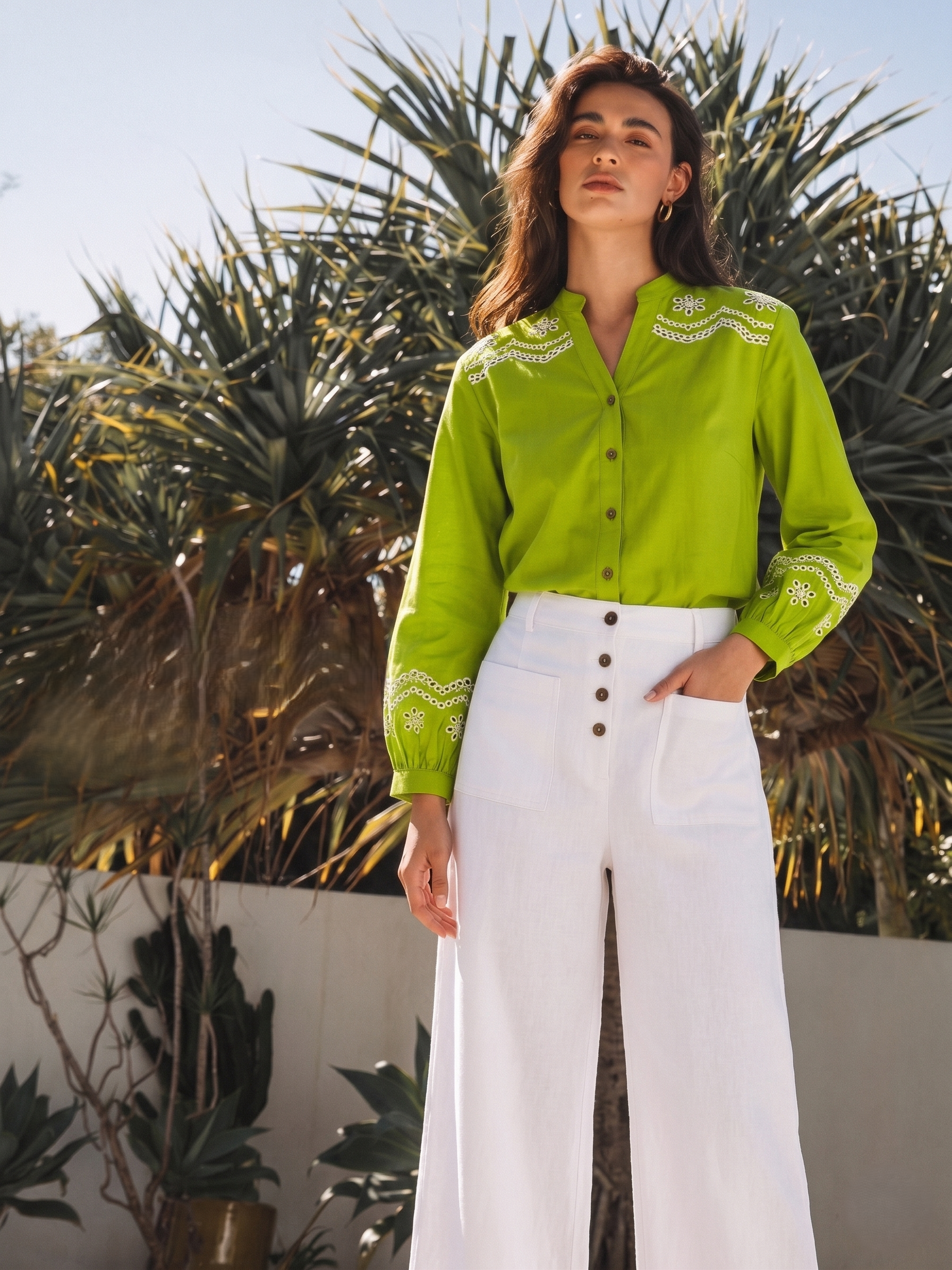 Green Cotton Floral Embroidered Statement Shirt For Women