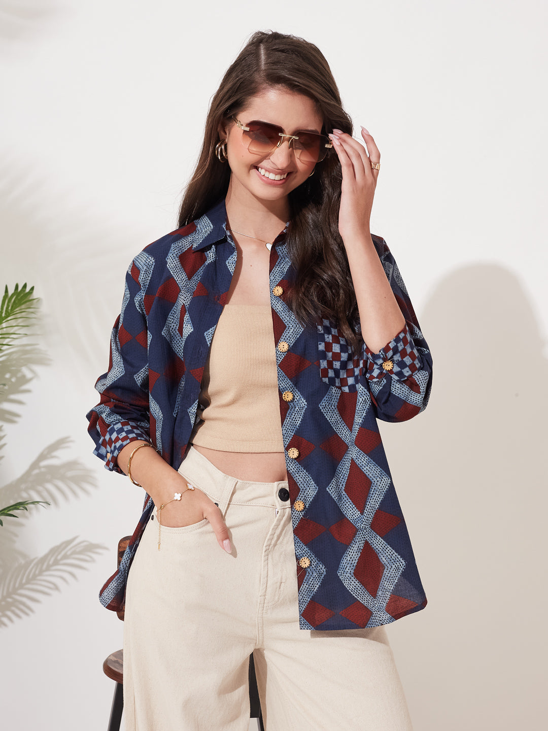 Women Blue Cotton Print Casual Cotton Shirt