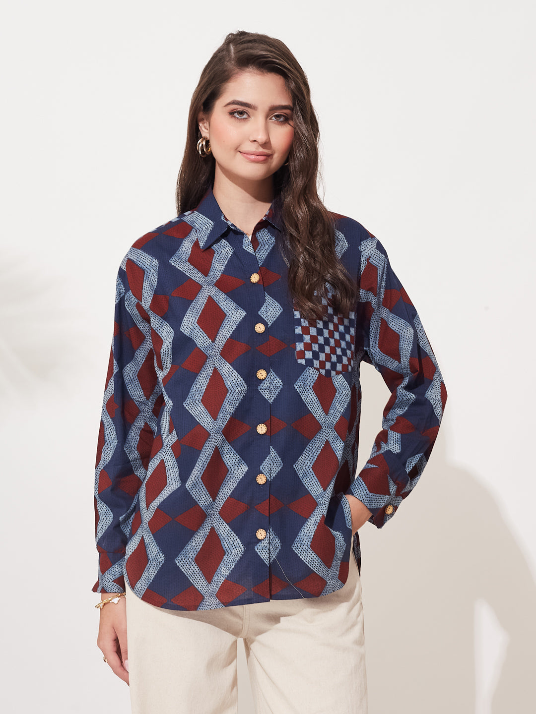 Women Blue Cotton Print Casual Cotton Shirt