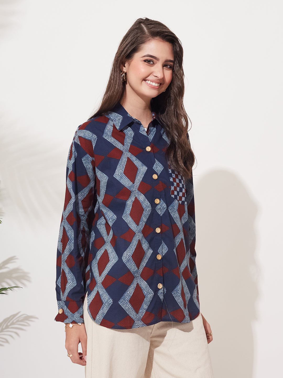 Women Blue Cotton Print Casual Cotton Shirt