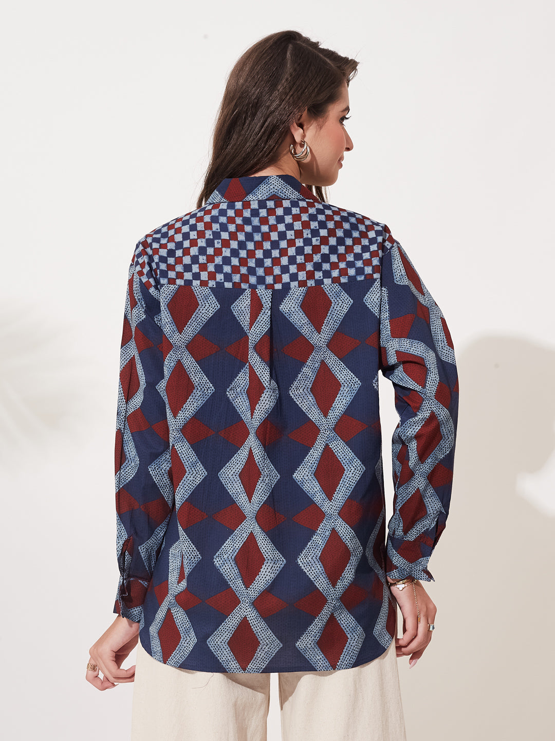 Women Blue Cotton Print Casual Cotton Shirt