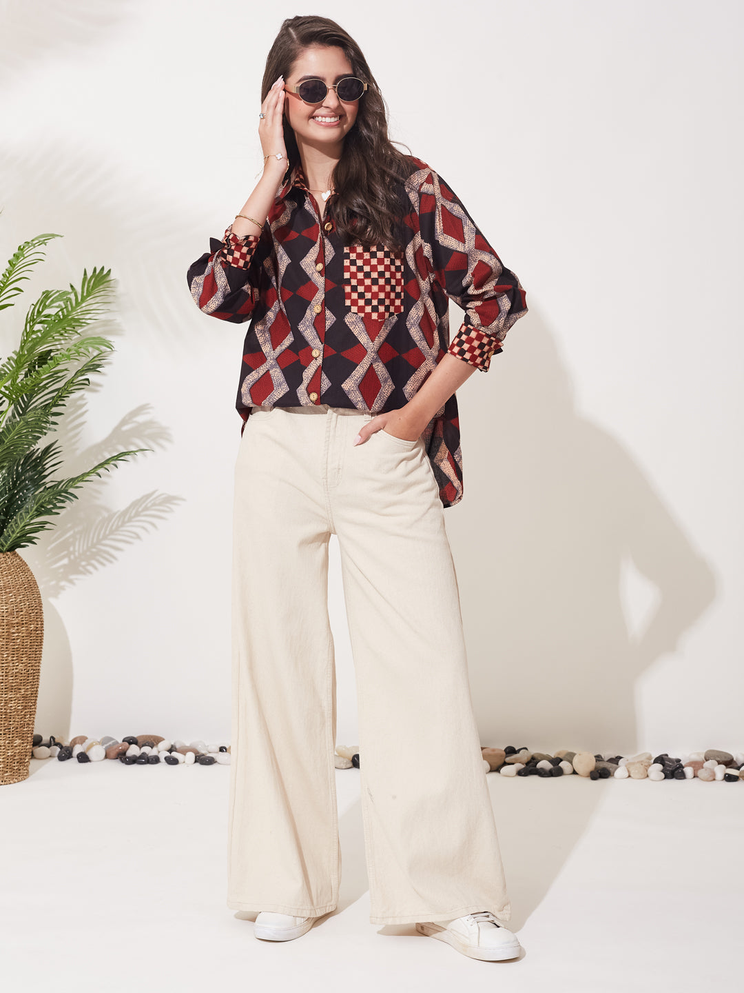 Women’s Black Cotton Printed Button-Down Shirt