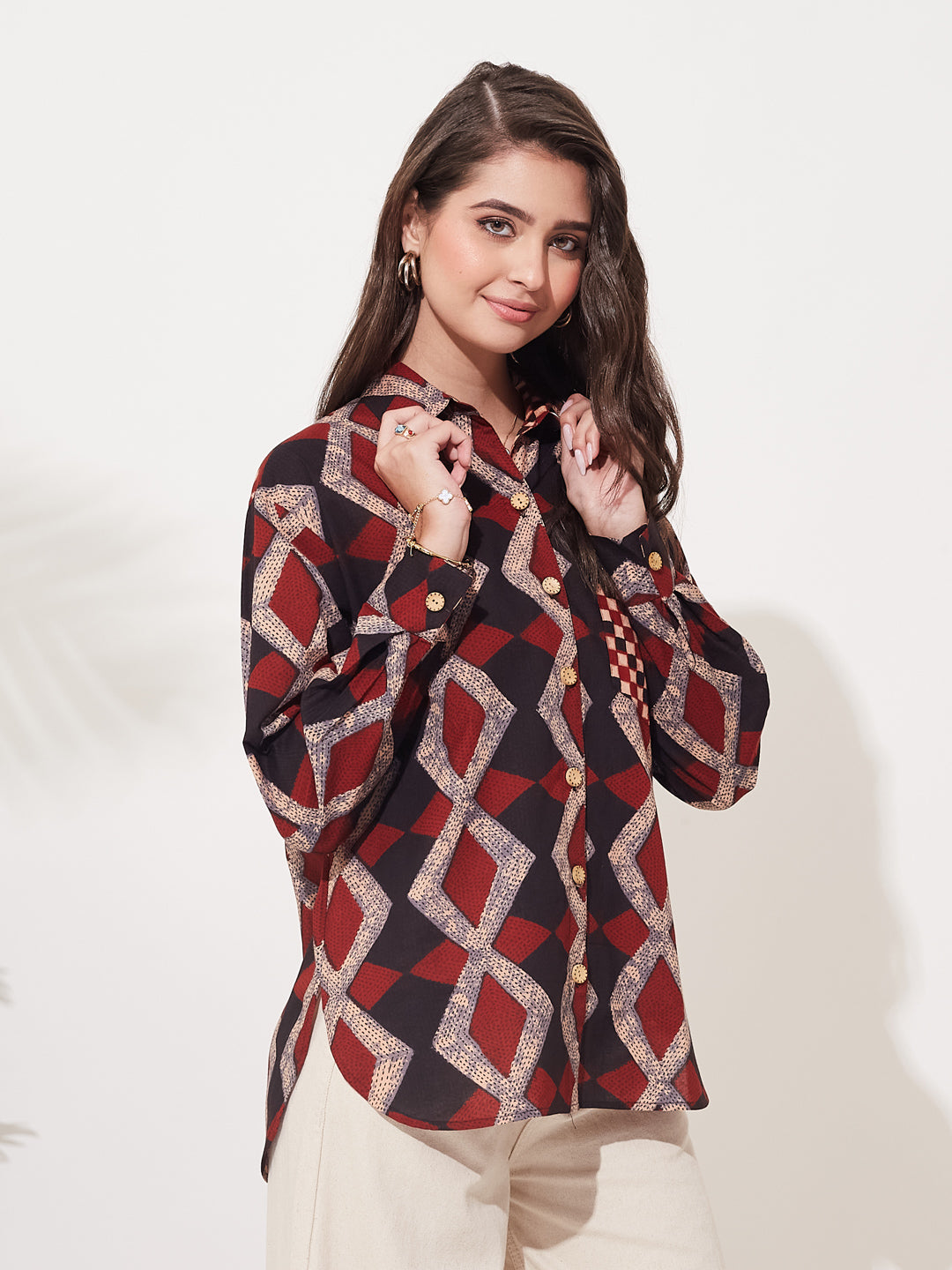 Women’s Black Cotton Printed Button-Down Shirt