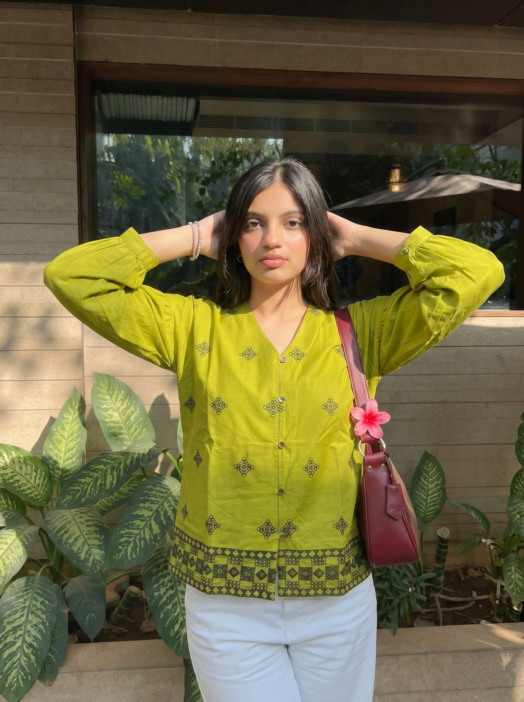 Green Cotton Ethnic Embroidered  Casual Shirt for Women
