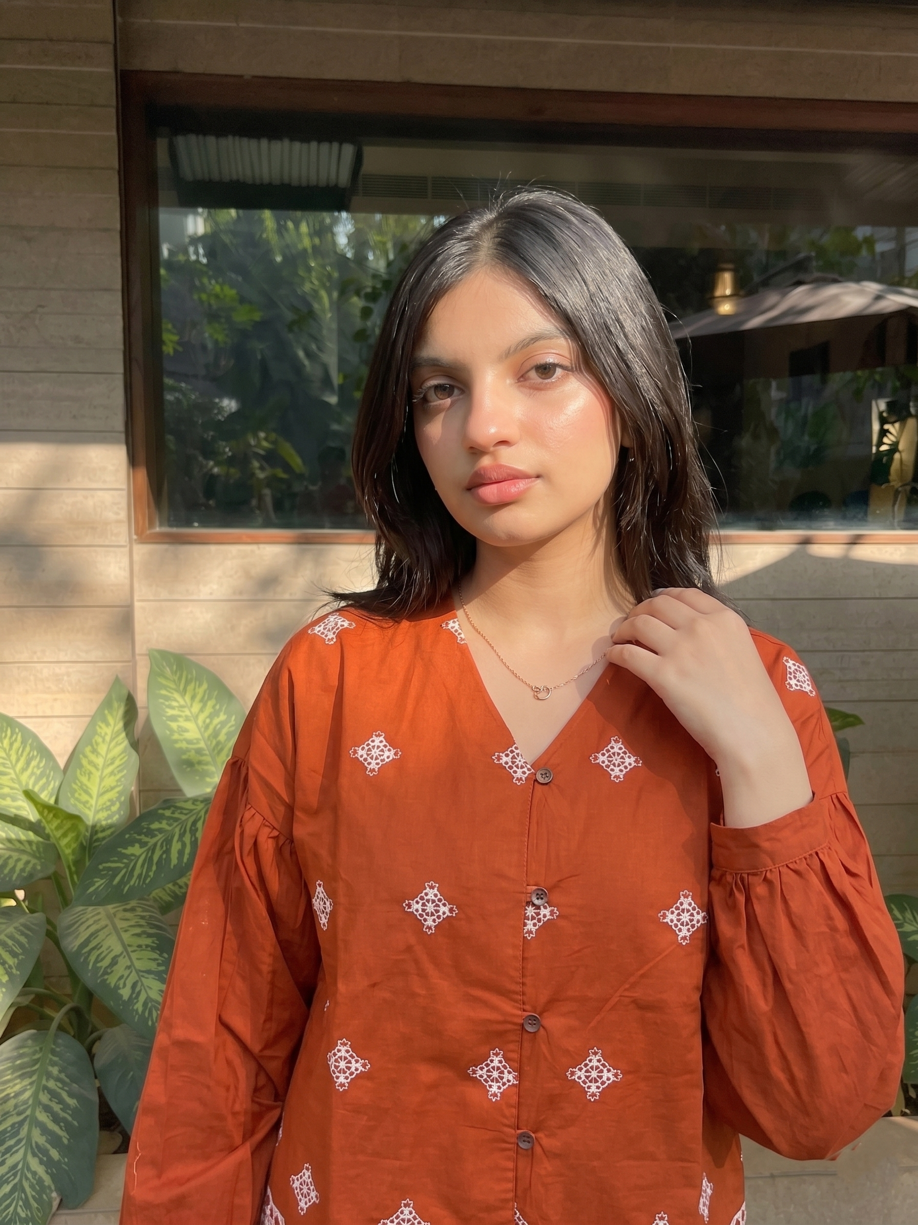 Orange Cotton Embroidered Everyday Wear Shirt For Women