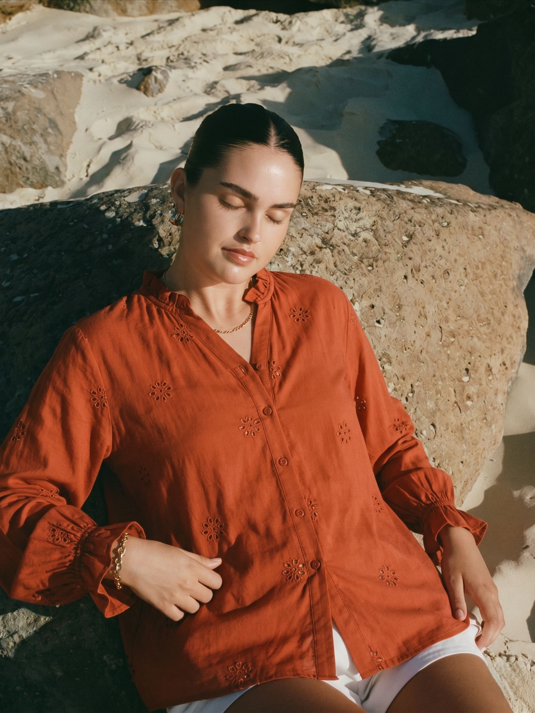 Rust Bloom Cotton Embroidered Casual Shirt For Women