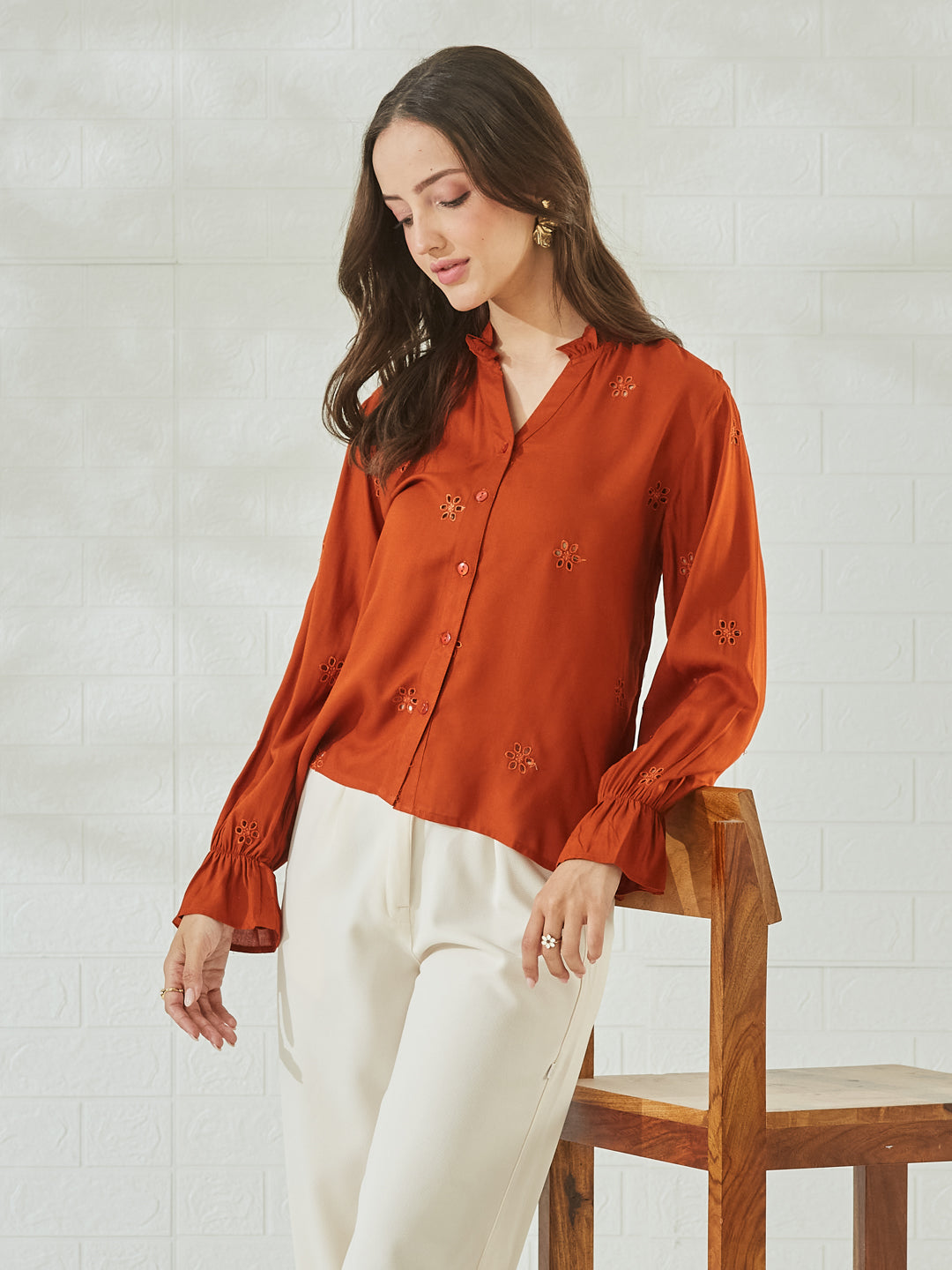 Rust Bloom Cotton Embroidered Casual Shirt For Women