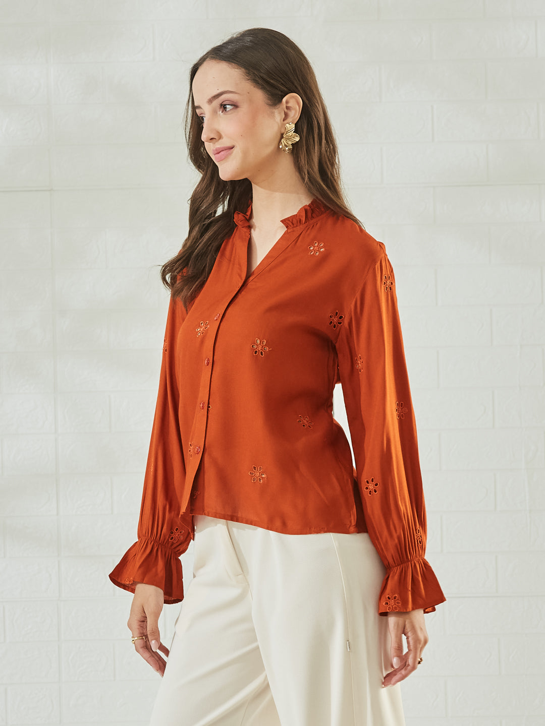 Rust Bloom Cotton Embroidered Casual Shirt For Women